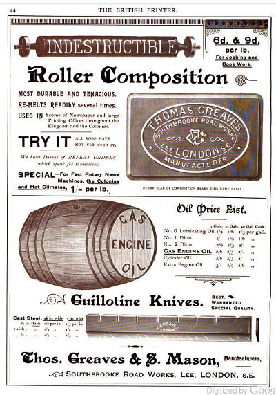 image: Greaves and Mason ad from The British Printer, 1893.