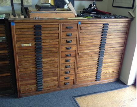 48 Drawer Oak Hamilton Type Cabinet And, Printers Tray Cabinet